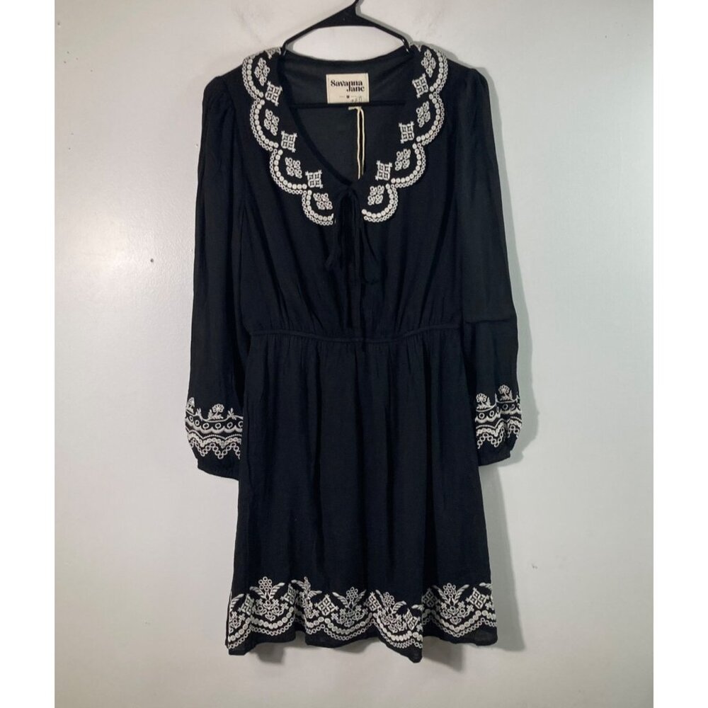Womens Savanna Jane Embroidered Boho Dress Collar Black White M NWT Rayon Polyes